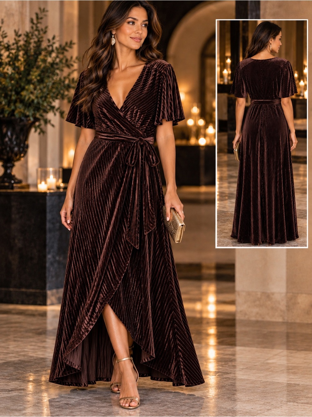 NWT BALTIC BORN Andi Chocolate Brown Ribbed Velvet Wrap Maxi Dress XL